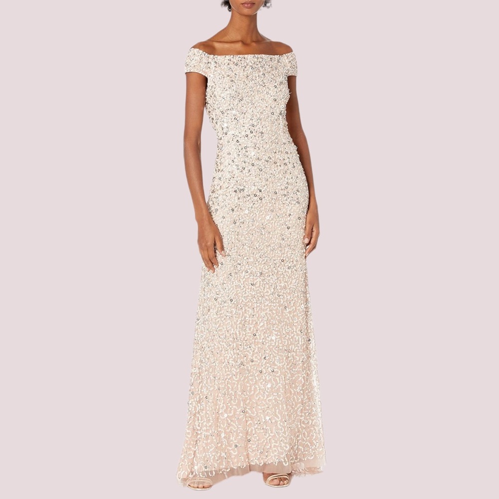 NWT Adrianna Papell Off The Shoulder Sequin Beaded Gown - 6 - Picture 1 of 6